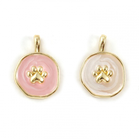 Umweltfreundlich Messing Haustier Denkmal Charms 18K Echtgold plattiert Emaille Unregelmäßig Pfotenabdruck Perlmuttartig 19.5mm x 14mm