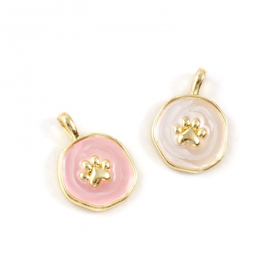 Immagine di 2 Pz Ecologico Ottone Memoriale dell'animale Ciondoli 18K Vero Oro Placcato Smalto Irregolare Orma di Zampa Madreperla 19.5mm x 14mm