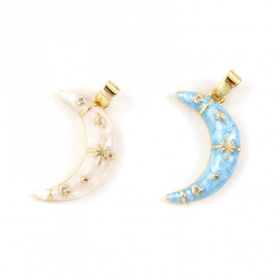 Immagine di 2 Pz Ecologico Ottone Galassia Ciondoli Pendenti 18K Vero Oro Placcato Smalto Luna Stella Madreperla Trasparente Cubic Zirconiae 24mm x 12mm