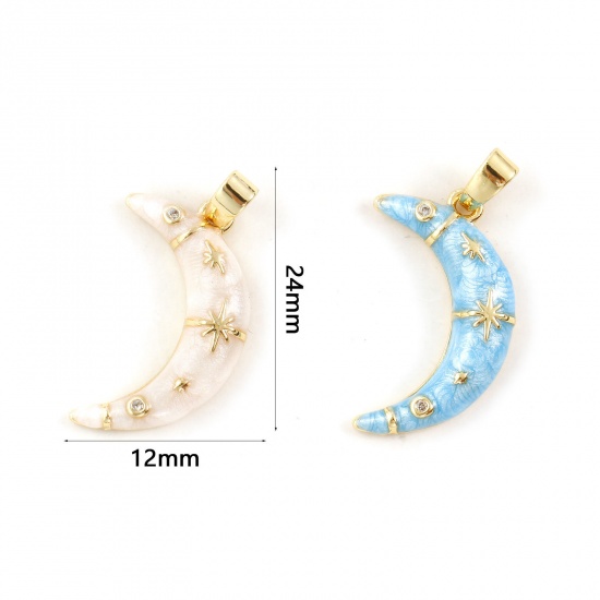 Immagine di 2 Pz Ecologico Ottone Galassia Ciondoli Pendenti 18K Vero Oro Placcato Smalto Luna Stella Madreperla Trasparente Cubic Zirconiae 24mm x 12mm