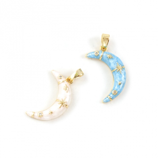 Immagine di 2 Pz Ecologico Ottone Galassia Ciondoli Pendenti 18K Vero Oro Placcato Smalto Luna Stella Madreperla Trasparente Cubic Zirconiae 24mm x 12mm