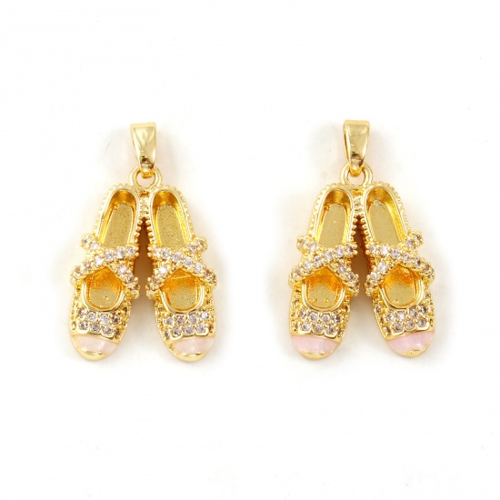 Immagine di 2 Pz Ecologico Ottone Abiti Ciondoli Pendenti 18K Vero Oro Placcato Smalto Scarpe di Balletto Madreperla Trasparente Cubic Zirconiae 25mm x 15mm