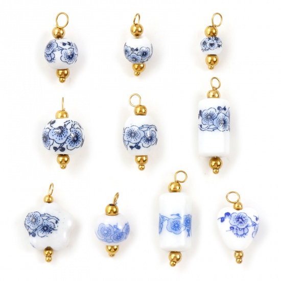 Image de 2 Pcs Breloques en 304 Acier Inoxydable & Céramique Respectueux de la Nature Plaqué Or 18K Géométrique Fleur de Prunier
