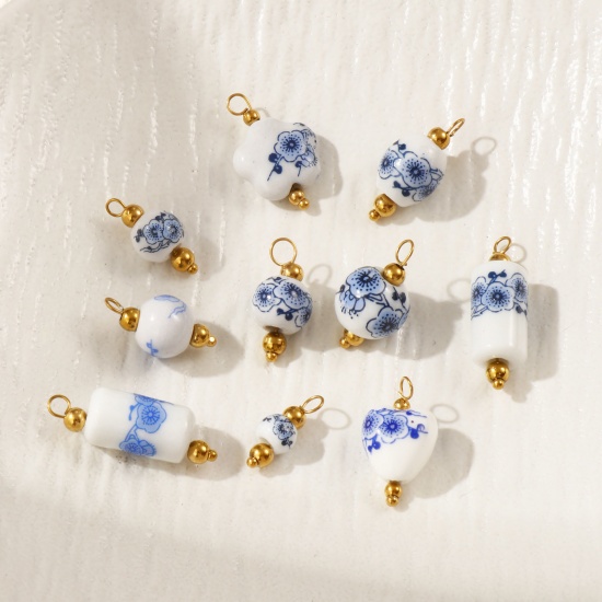 Image de 2 Pcs Breloques en 304 Acier Inoxydable & Céramique Respectueux de la Nature Plaqué Or 18K Géométrique Fleur de Prunier