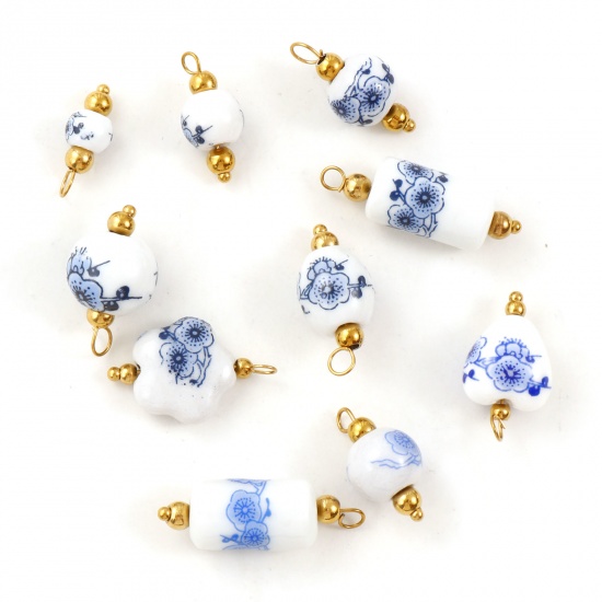 Image de 2 Pcs Breloques en 304 Acier Inoxydable & Céramique Respectueux de la Nature Plaqué Or 18K Géométrique Fleur de Prunier