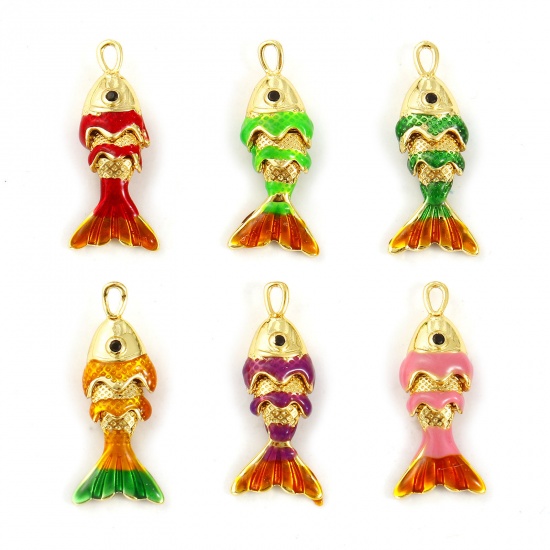 Imagen de 1 Unidad Latón Joyería del océano Colgantes Chapado en Oro de 18K Esmalte Pez 3D Movible Negro Circón Artificial 22mm x 9mm
