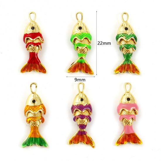 Imagen de 1 Unidad Latón Joyería del océano Colgantes Chapado en Oro de 18K Esmalte Pez 3D Movible Negro Circón Artificial 22mm x 9mm