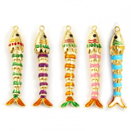 Brass Ocean Jewelry Pendants 18K Gold Plated Enamel Fish Animal 3D Movable Black Cubic Zirconia 4.4cm x 1.1cm