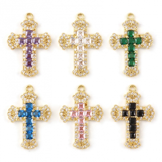 1 個 真鍮+ジルコン 宗教 チャーム 18Kゴールドメッキ クロス十字架 マイクロパヴェ 23.5mm x 16mm、 の画像