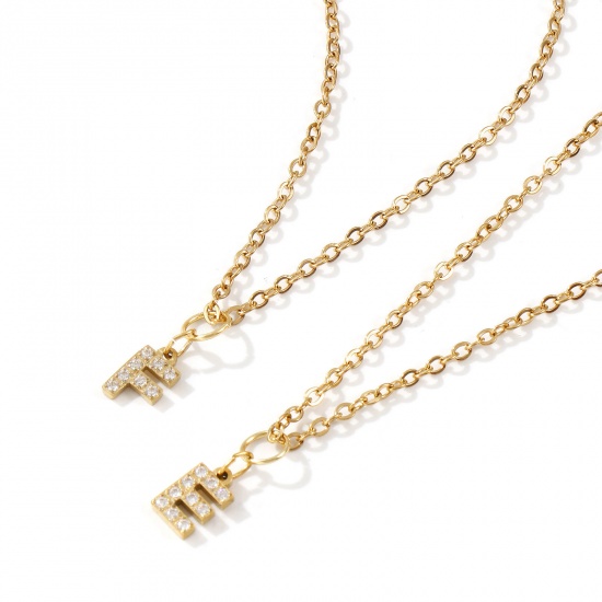 Immagine di 18K Vero Oro Placcato Catena a Cavo Collana con Ciondolo, 304 Acciaio Inossidabile 45cm + 5cm, Per Donne, Trasparente Strass Messaggio " A-Z " Micro Spianare, Lettera Maiuscola Elegante Regalo, Placcatura Sottovuoto PVD Ecologica, 1 Pz