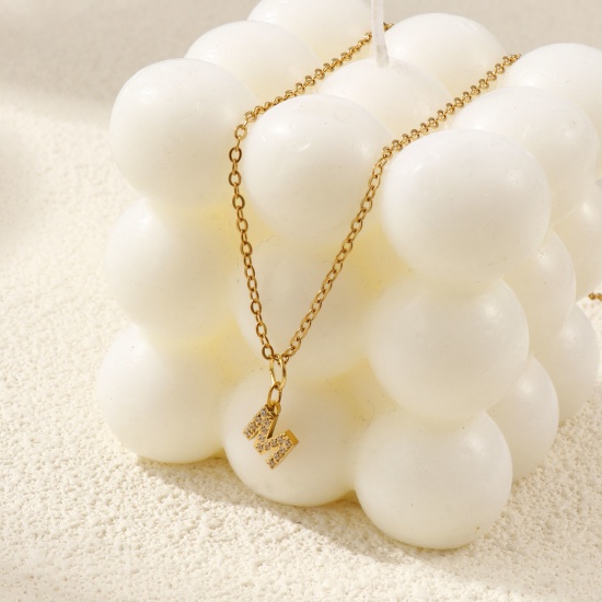 Immagine di 18K Vero Oro Placcato Catena a Cavo Collana con Ciondolo, 304 Acciaio Inossidabile 45cm + 5cm, Per Donne, Trasparente Strass Messaggio " A-Z " Micro Spianare, Lettera Maiuscola Elegante Regalo, Placcatura Sottovuoto PVD Ecologica, 1 Pz