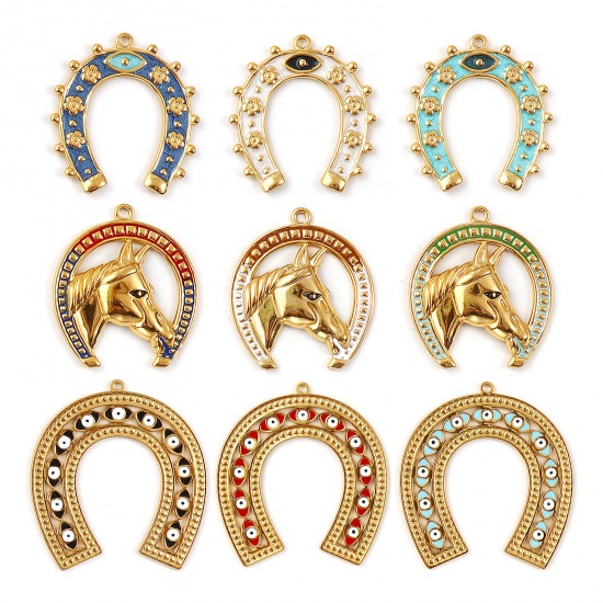 Immagine di 1 Pz Placcatura Sottovuoto PVD Ecologica 304 Acciaio Inossidabile Cowboy dell'Ovest Ciondoli 18K Vero Oro Placcato Smalto Ferro di Cavallo