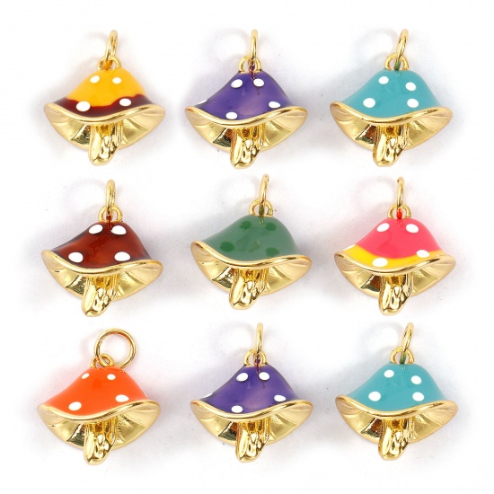 Изображение Eco-friendly Brass Charms 18K Real Gold Plated Enamel Mushroom Spot 3D 18mm x 14.5mm