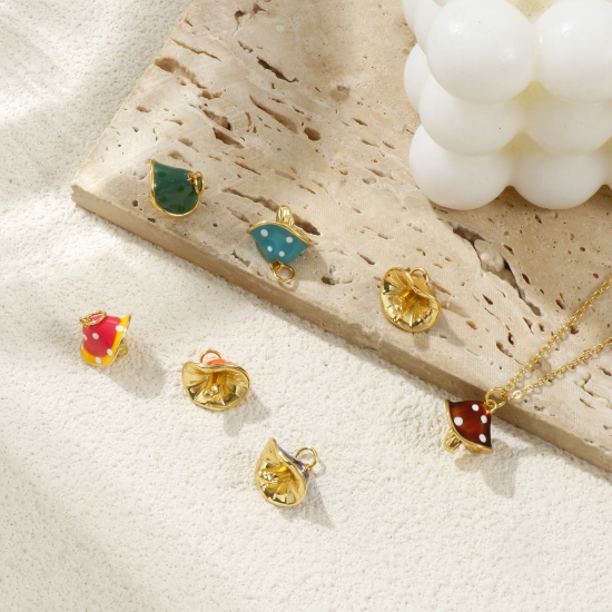 Изображение Eco-friendly Brass Charms 18K Real Gold Plated Enamel Mushroom Spot 3D 18mm x 14.5mm