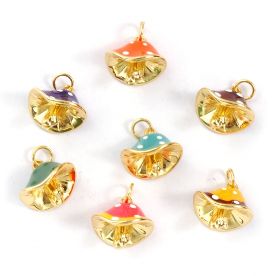 Изображение Eco-friendly Brass Charms 18K Real Gold Plated Enamel Mushroom Spot 3D 18mm x 14.5mm