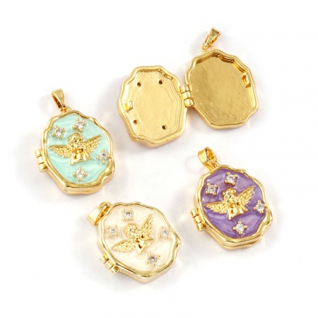 Brass Religious Picture Photo Locket Frame Pendants 18K Gold Plated Enamel Irregular Angel Can Open Clear Cubic Zirconia 27mm x 18mm