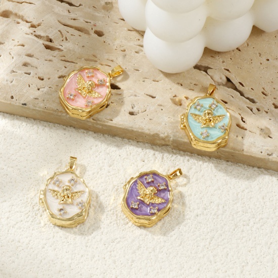Immagine di Brass Religious Picture Photo Locket Frame Pendants 18K Gold Plated Enamel Irregular Angel Can Open Clear Cubic Zirconia 27mm x 18mm