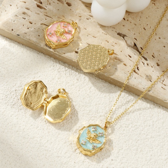 Immagine di Brass Religious Picture Photo Locket Frame Pendants 18K Gold Plated Enamel Irregular Angel Can Open Clear Cubic Zirconia 27mm x 18mm