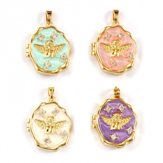 Immagine di Brass Religious Picture Photo Locket Frame Pendants 18K Gold Plated Enamel Irregular Angel Can Open Clear Cubic Zirconia 27mm x 18mm