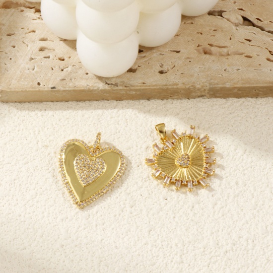 Picture of Eco-friendly Brass Valentine's Day Charms 18K Real Gold Plated Heart Micro Pave Clear Cubic Zirconia