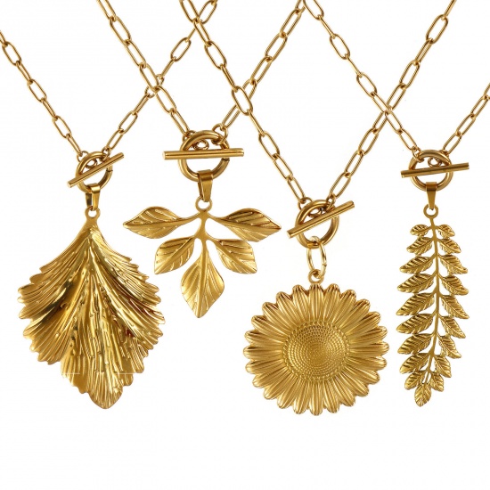 Bild von 18K Real Gold Plated Paperclip Link Chain Leaf Pendant Charm Necklace, 304 Stainless Steel 45cm(17.7"), For Women, Casual Natural Pastoral Gift, Eco-friendly PVD Vacuum Plating, 1 Piece