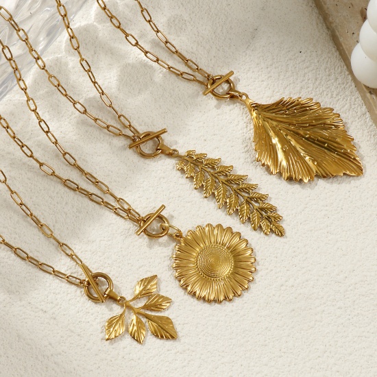 Bild von 18K Real Gold Plated Paperclip Link Chain Leaf Pendant Charm Necklace, 304 Stainless Steel 45cm(17.7"), For Women, Casual Natural Pastoral Gift, Eco-friendly PVD Vacuum Plating, 1 Piece