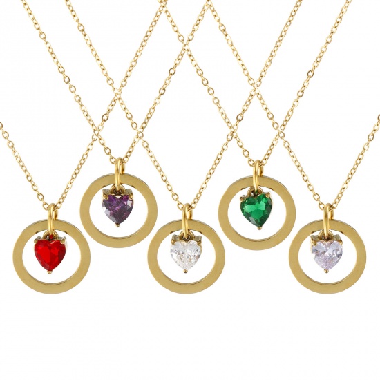Imagen de 18K Real Gold Plated Link Cable Chain Heart Pendant Charm Necklace, 304 Stainless Steel & Cubic Zirconia 45cm(17.7") + 5cm(2"), For Women, Hollow, Valentine's Day Dainty Gift, Eco-friendly PVD Vacuum Plating, 1 Piece