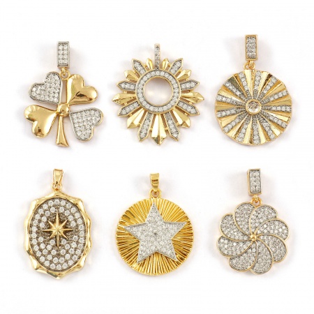 1 Pièce Breloques en Laiton Plaqué Or 18K & Plaqué Platine Deux Couleurs à Zircone Cubique Clair
