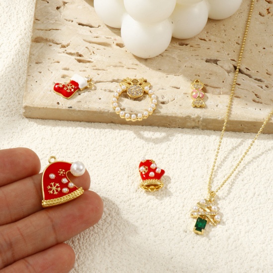 Imagen de Brass Christmas Charms 18K Gold Plated Enamel Acrylic Imitation Pearl Clear Cubic Zirconia
