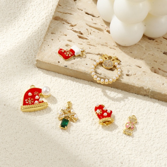 Imagen de Brass Christmas Charms 18K Gold Plated Enamel Acrylic Imitation Pearl Clear Cubic Zirconia