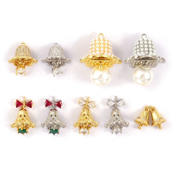 Изображение Brass & Cubic Zirconia 3D Charms Multicolor Christmas Jingle Bell Imitation Pearl