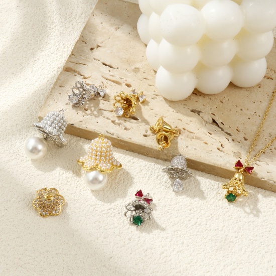 Изображение Brass & Cubic Zirconia 3D Charms Multicolor Christmas Jingle Bell Imitation Pearl