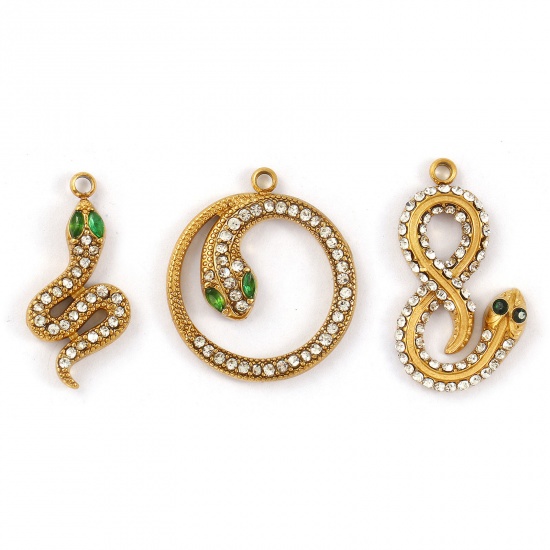 1 Piece Eco-friendly PVD Vacuum Plating 304 Stainless Steel Charms 18K Gold Plated Snake Animal Clear & Green Rhinestone の画像