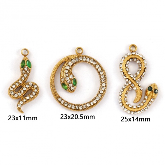 1 Piece Eco-friendly PVD Vacuum Plating 304 Stainless Steel Charms 18K Gold Plated Snake Animal Clear & Green Rhinestone の画像