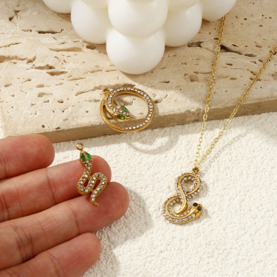 1 Piece Eco-friendly PVD Vacuum Plating 304 Stainless Steel Charms 18K Gold Plated Snake Animal Clear & Green Rhinestone の画像