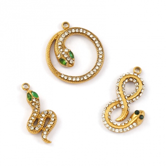 1 Piece Eco-friendly PVD Vacuum Plating 304 Stainless Steel Charms 18K Gold Plated Snake Animal Clear & Green Rhinestone の画像