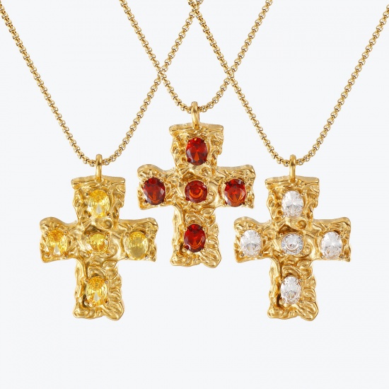 Immagine di 18K Gold Plated Box Chain Cross Pendant Charm Necklace, 304 Stainless Steel & Cubic Zirconia 45cm(17.7") + 5cm(2"), For Women, Religious Retro Gift, Eco-friendly PVD Vacuum Plating, 1 Piece