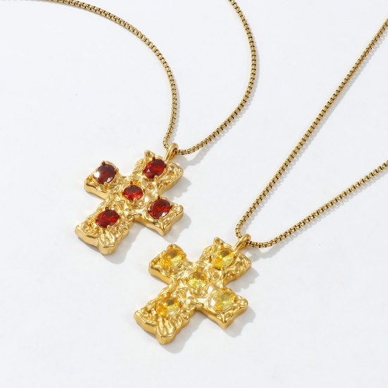 Immagine di 18K Gold Plated Box Chain Cross Pendant Charm Necklace, 304 Stainless Steel & Cubic Zirconia 45cm(17.7") + 5cm(2"), For Women, Religious Retro Gift, Eco-friendly PVD Vacuum Plating, 1 Piece