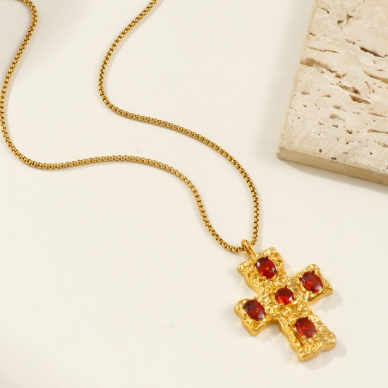 Immagine di 18K Gold Plated Box Chain Cross Pendant Charm Necklace, 304 Stainless Steel & Cubic Zirconia 45cm(17.7") + 5cm(2"), For Women, Religious Retro Gift, Eco-friendly PVD Vacuum Plating, 1 Piece