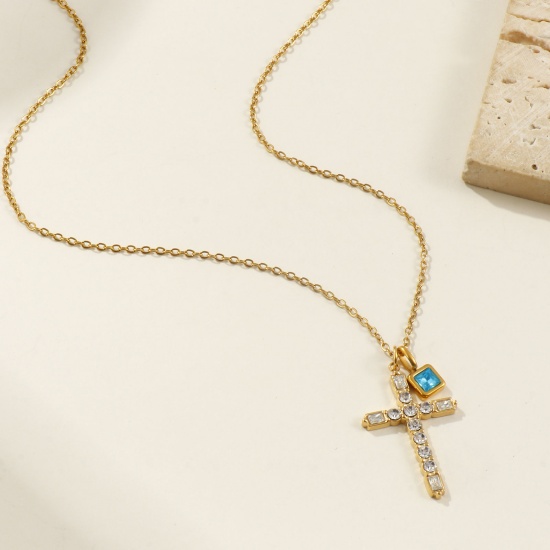 Bild von 18K Real Gold Plated Link Cable Chain Cross Pendant Charm Necklace, 304 Stainless Steel 45cm(17.7") + 5cm(2"), For Women, Clear Cubic Zirconia Birthstone Retro Gift, Eco-friendly PVD Vacuum Plating