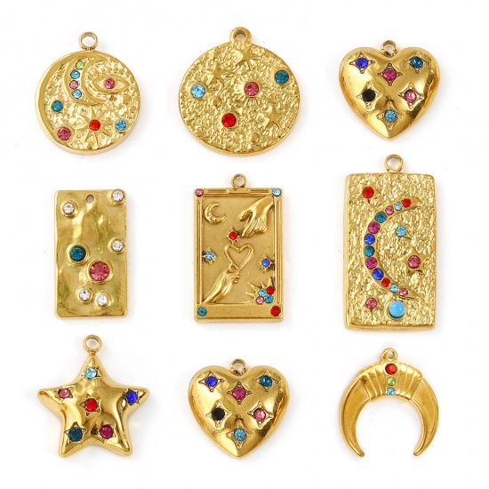 Immagine di 2 Pz Placcatura Sottovuoto PVD Ecologica 304 Acciaio Inossidabile Ciondoli 18K Vero Oro Placcato Geometrica Multicolore Strass