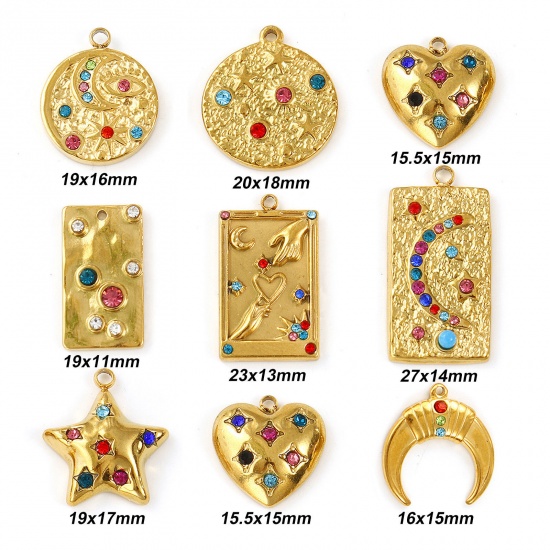 Immagine di 2 Pz Placcatura Sottovuoto PVD Ecologica 304 Acciaio Inossidabile Ciondoli 18K Vero Oro Placcato Geometrica Multicolore Strass