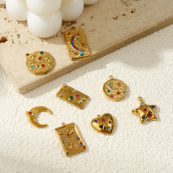 Immagine di 2 Pz Placcatura Sottovuoto PVD Ecologica 304 Acciaio Inossidabile Ciondoli 18K Vero Oro Placcato Geometrica Multicolore Strass