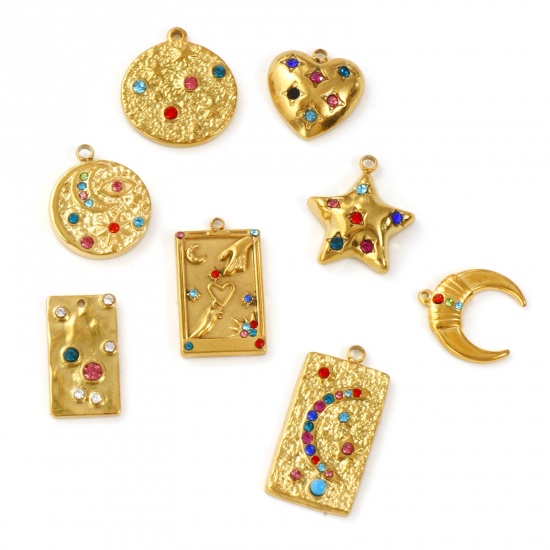 Immagine di 2 Pz Placcatura Sottovuoto PVD Ecologica 304 Acciaio Inossidabile Ciondoli 18K Vero Oro Placcato Geometrica Multicolore Strass
