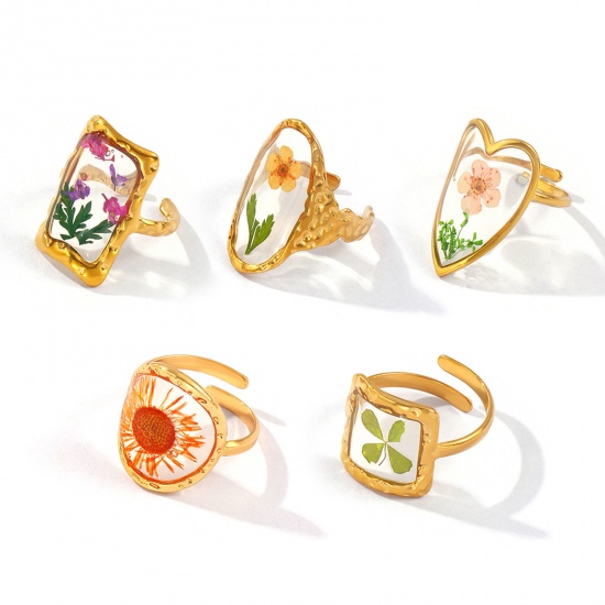 Изображение 1 Piece Eco-friendly PVD Vacuum Plating Stylish Handmade Resin Jewelry Real Flower 18K Real Gold Plated Multicolor 304 Stainless Steel Open Adjustable Geometric Rings For Women Gift