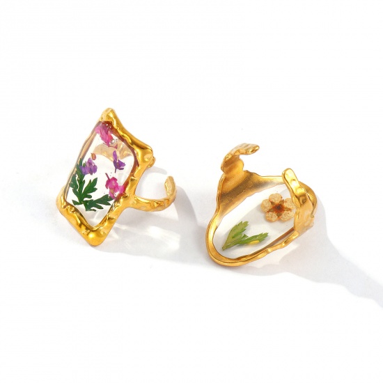 Изображение 1 Piece Eco-friendly PVD Vacuum Plating Stylish Handmade Resin Jewelry Real Flower 18K Real Gold Plated Multicolor 304 Stainless Steel Open Adjustable Geometric Rings For Women Gift