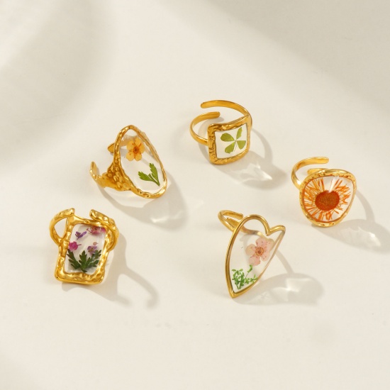 Изображение 1 Piece Eco-friendly PVD Vacuum Plating Stylish Handmade Resin Jewelry Real Flower 18K Real Gold Plated Multicolor 304 Stainless Steel Open Adjustable Geometric Rings For Women Gift