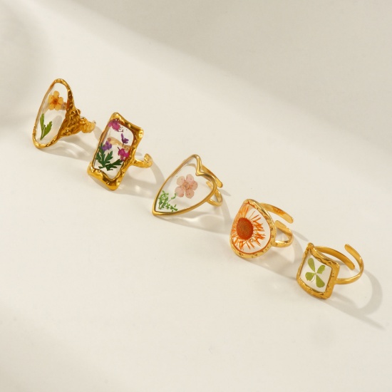 Изображение 1 Piece Eco-friendly PVD Vacuum Plating Stylish Handmade Resin Jewelry Real Flower 18K Real Gold Plated Multicolor 304 Stainless Steel Open Adjustable Geometric Rings For Women Gift