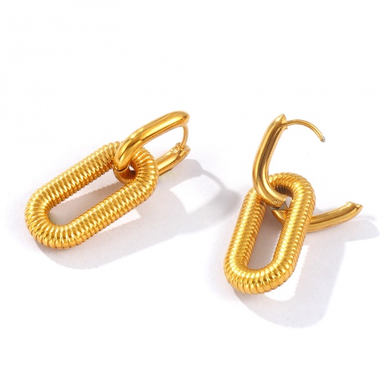 Bild von 1 Pair Eco-friendly PVD Vacuum Plating Dainty Exquisite Multicolor 304 Stainless Steel Oval Earrings For Women Gift 3.5cm x 1.3cm, Post/ Wire Size: 1mm(18 gauge)