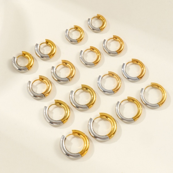 Bild von 1 Pair Eco-friendly PVD Vacuum Plating Minimalist Exquisite 18K Real Gold Plated & Silver Tone 304 Stainless Steel Two Tone Hoop Earrings For Women Gift Post/ Wire Size: 1mm(18 gauge)